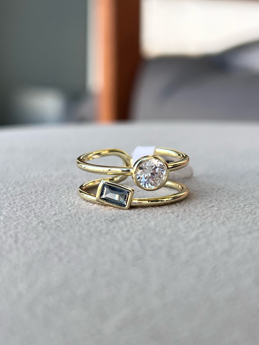 Gold Filled Double Band Ring with Clear and Blue Stones Size 8